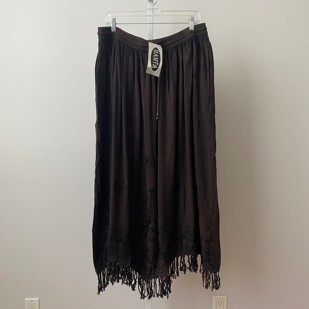 MAMTA Rayon Boho Western Fringe Embroidered Maxi Skirt Plus Size Black